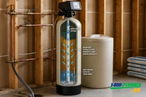 A water softener system showing hard water entering, the resin bed removing minerals, and soft water exiting to the home