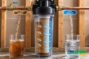 Whole house water filtration system showing dirty sediment water entering the filter and clean filtered water exiting to the home