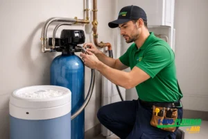 1-800-Plumber +Air technician installing and servicing a residential water softener system with brine tank