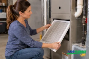 Homeowner replacing the air filter on a forced-air furnace