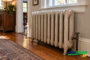 Cast iron radiator heated by a home boiler system