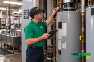 1-800-Plumber +Air technician checking the temperature gauge on a commercial water heater