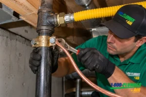 1-800-Plumber +Air technician attaching a copper bonding wire clamp to a CSST gas line