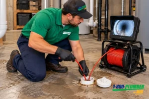 Plumber feeding a sewer camera into a basement cleanout