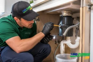 Plumber checking the dishwasher inlet for a blockage under the kitchen sink