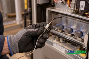 HVAC technician holding a soot-coated furnace flame sensor rod