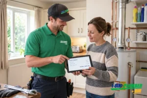Plumber walking a homeowner through a repair price before starting work