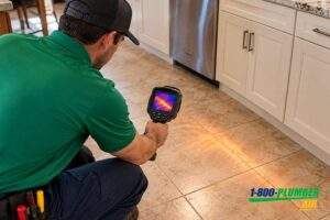Plumber scanning a tile floor with a handheld thermal camera