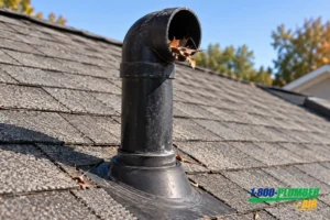 Black plumbing vent pipe on an asphalt shingle roof with dry leaves stuck in the opening